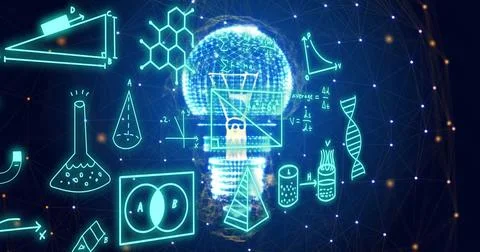 Image of mathematical equations and icons over light bulb and networks Illustrazione stock