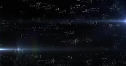 Image of mathematical equations and light spots on black background Stock Illustration