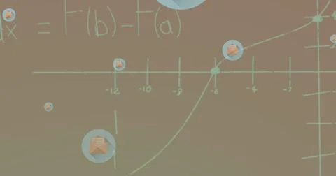 Image of mathematical equations and message icons floating against pink Stockfoto's