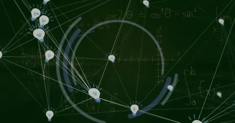 Image of mathematical equations and network of bulb icons against green Stockfoto's