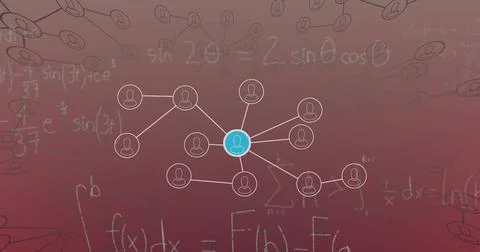 Image of mathematical equations and network of profile icons against pink Stock Photos