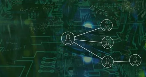 Image of mathematical equations and network of profile icons over microprocessor Stock Photos