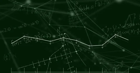 Image of mathematical equations and network of connections floating against Stock Photos