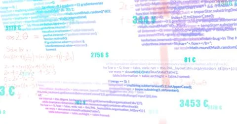 Image of mathematical equations and programming code overlapping on digital 스톡 일러스트