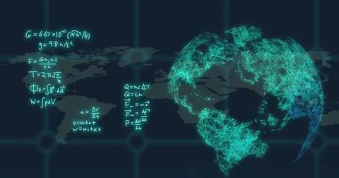 Image of mathematical equations and rotating globe over map in background Stock Photos