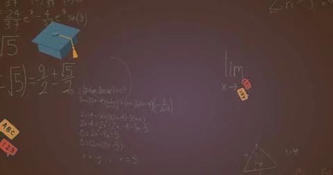 Image of mathematical equations and school concept icons floating against Stock Photos