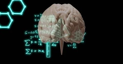 Image of mathematical equations and science icons over brain on black background Stock Illustration