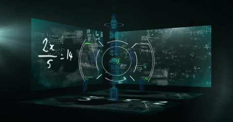 Image of mathematical equations and scope scanning on black background Stock Illustration
