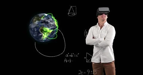 Image of mathematical equations and spinning globe floating over teacher wearing Stock Illustration