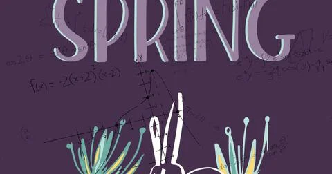 Image of mathematical equations and spring text over purple background Ilustração Stock