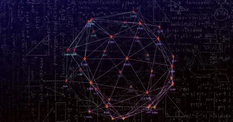 Image of mathematical equations and web of connections on black background 写真素材