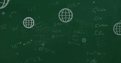 Image of mathematical equations and web globe icons floating against green Stock Photos