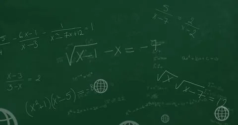 Image of mathematical equations and web globe icons floating against green Stock Photos