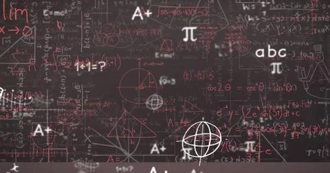 Image of mathematical equations on black background Illustrazione stock