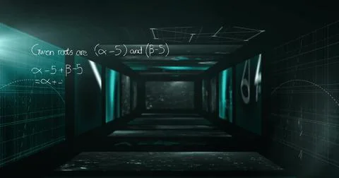 Image mathematical equations, computer language over medical interfaces on black Foto stock