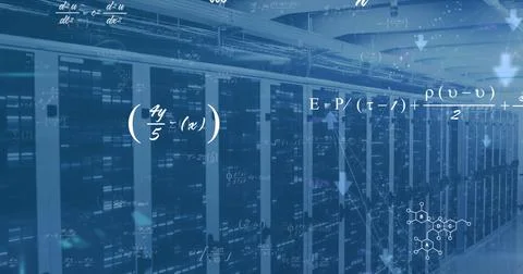 Image of mathematical equations data processing over computer servers Stock Photos