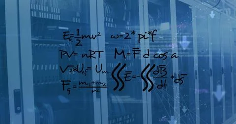 Image of mathematical equations data processing over computer servers Stock Photos