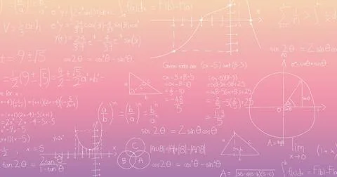 Image of mathematical equations floating against pink gradient background Stock Photos