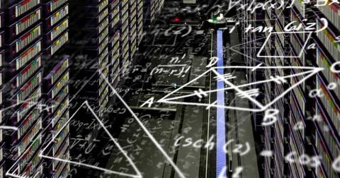 Image of mathematical equations floating against computer server room 스톡 사진
