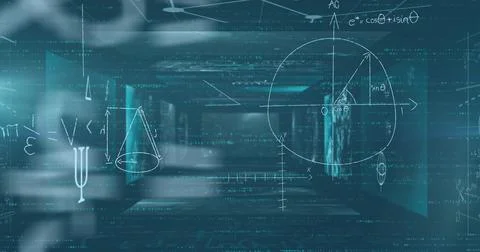 Image of mathematical equations floating over screens with data processing Stock Photos