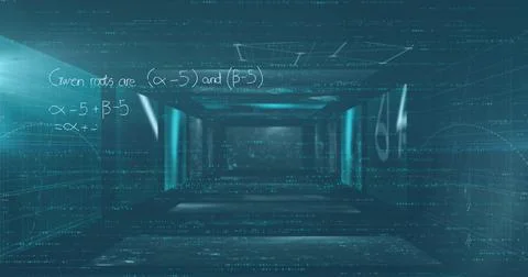 Image of mathematical equations floating over screens with data processing Stock Photos