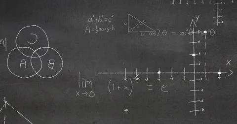 Image of mathematical equations, formulas and diagrams against grey chalkboard Stock Illustration