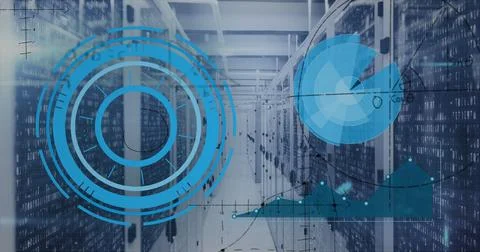 Image of mathematical equations, graphs, radars and lens flare over server room Foto stock