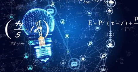 Image of mathematical equations, light bulb and communication networks on dark Stockillustratie