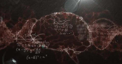 Image of mathematical equations, light spot and digital wave over spinning human Stock Illustration