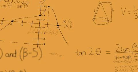 Image of mathematical equations moving over orange background イラスト素材