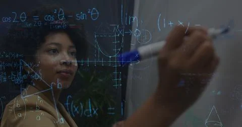 Image of mathematical equations over african american businesswoman taking notes Stock Illustration
