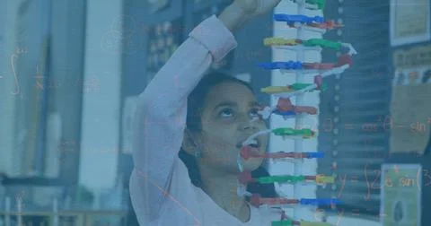 Image of mathematical equations over biracial girl with model in lab Stock Photos