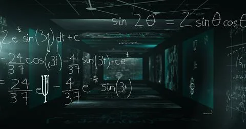 Image of mathematical equations over black background Stock Illustration