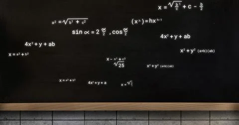 Image of mathematical equations over black board 写真素材