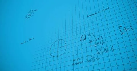 Image of mathematical equations over blue background Illustrazione stock