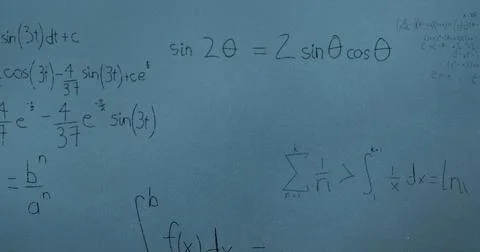 Image of mathematical equations over blue background Stock Illustration