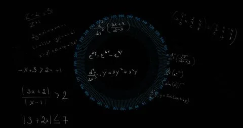 Image of mathematical equations over blue circular scanner on black background Stock Photos