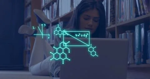 Image of mathematical equations over caucasian female student using laptop Photos