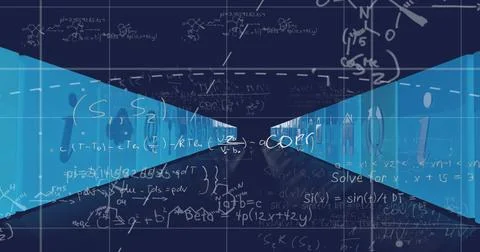 Image of mathematical equations over cubes with icons on black background Stock Photos