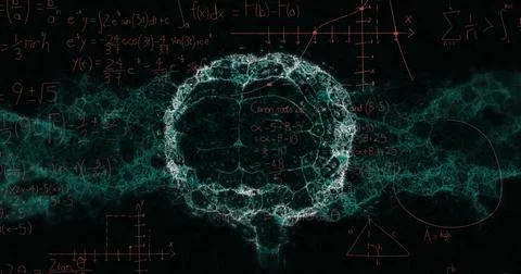 Image of mathematical equations over digital model of human brain on black Stock Illustration