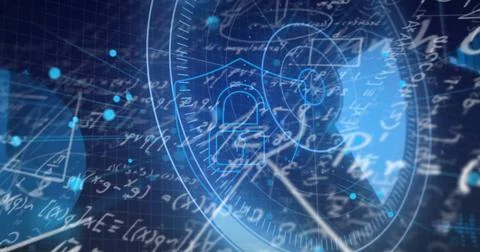 Image of mathematical equations over digital icons on black background Foto stock