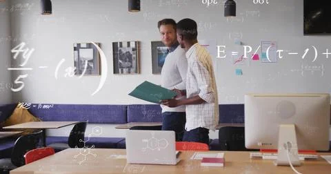 Image of mathematical equations over diverse colleagues discussing work Stock Photos