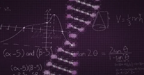 Image of mathematical equations over dna strand on black background Stock Illustration