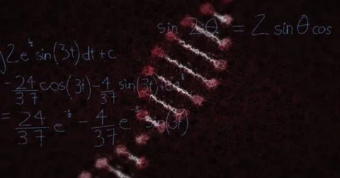 Image of mathematical equations over dna strand on black background Stock Illustration
