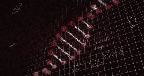 Image of mathematical equations over dna strand on black background Illustrazione stock