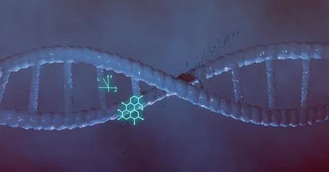Image of mathematical equations over dna strand on blue background 写真素材