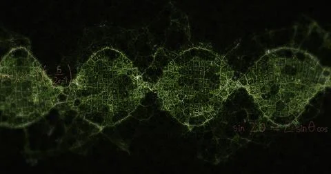 Image of mathematical equations over dna strand on black background Stock Photos