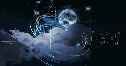Image of mathematical equations over globe and scope scanning Stock Illustration