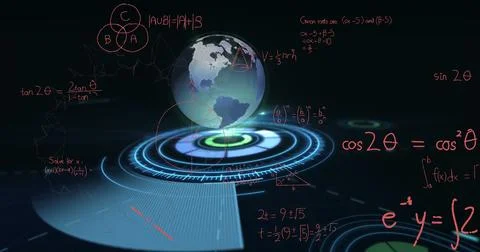 Image of mathematical equations over globe and scope scanning Stock Illustration