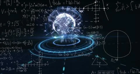 Image of mathematical equations over globe and scope scanning Stockillustratie
